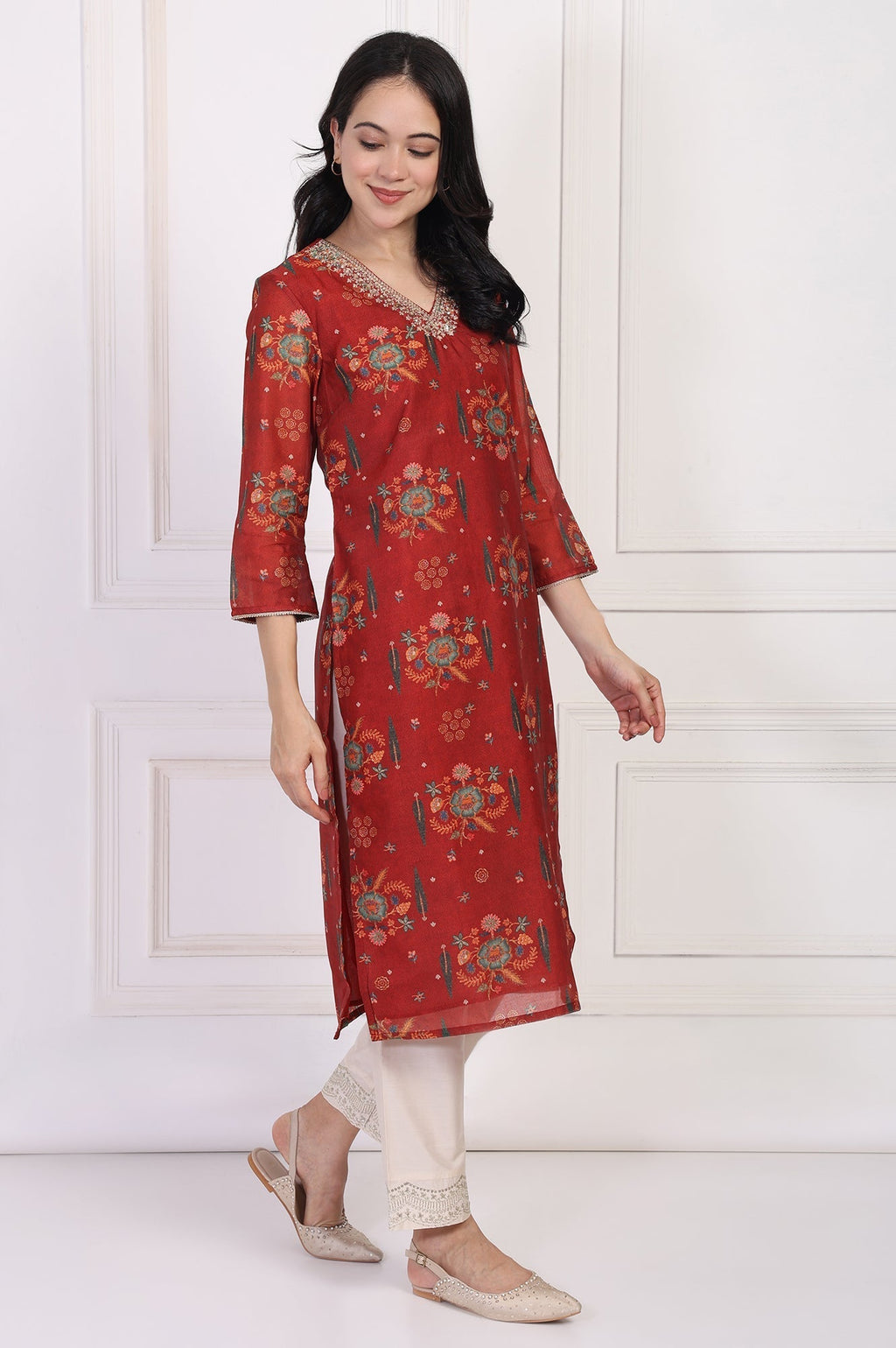 W for Woman Red Floral Printed Sequined Straight Kurta | Grocsy