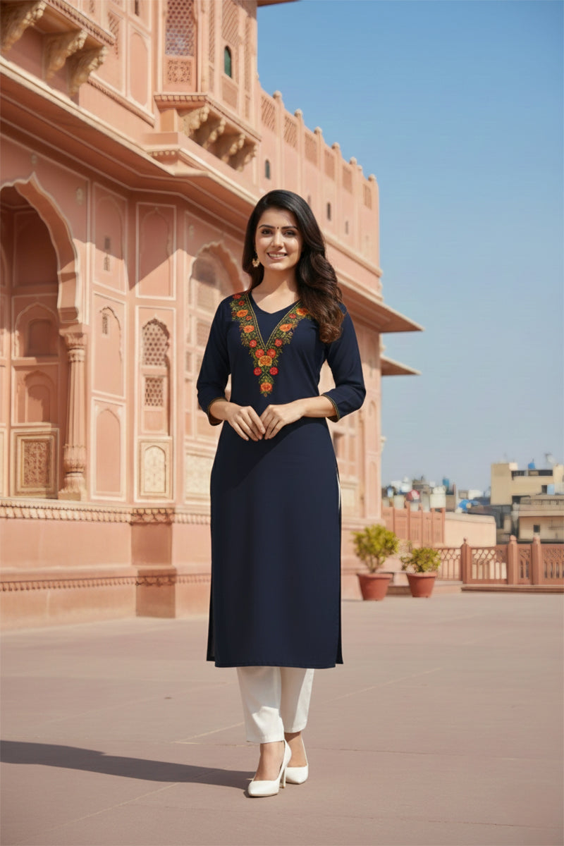 SRS Fashion Black Embroidered Rayon Straight Kurta Set | Grocsy