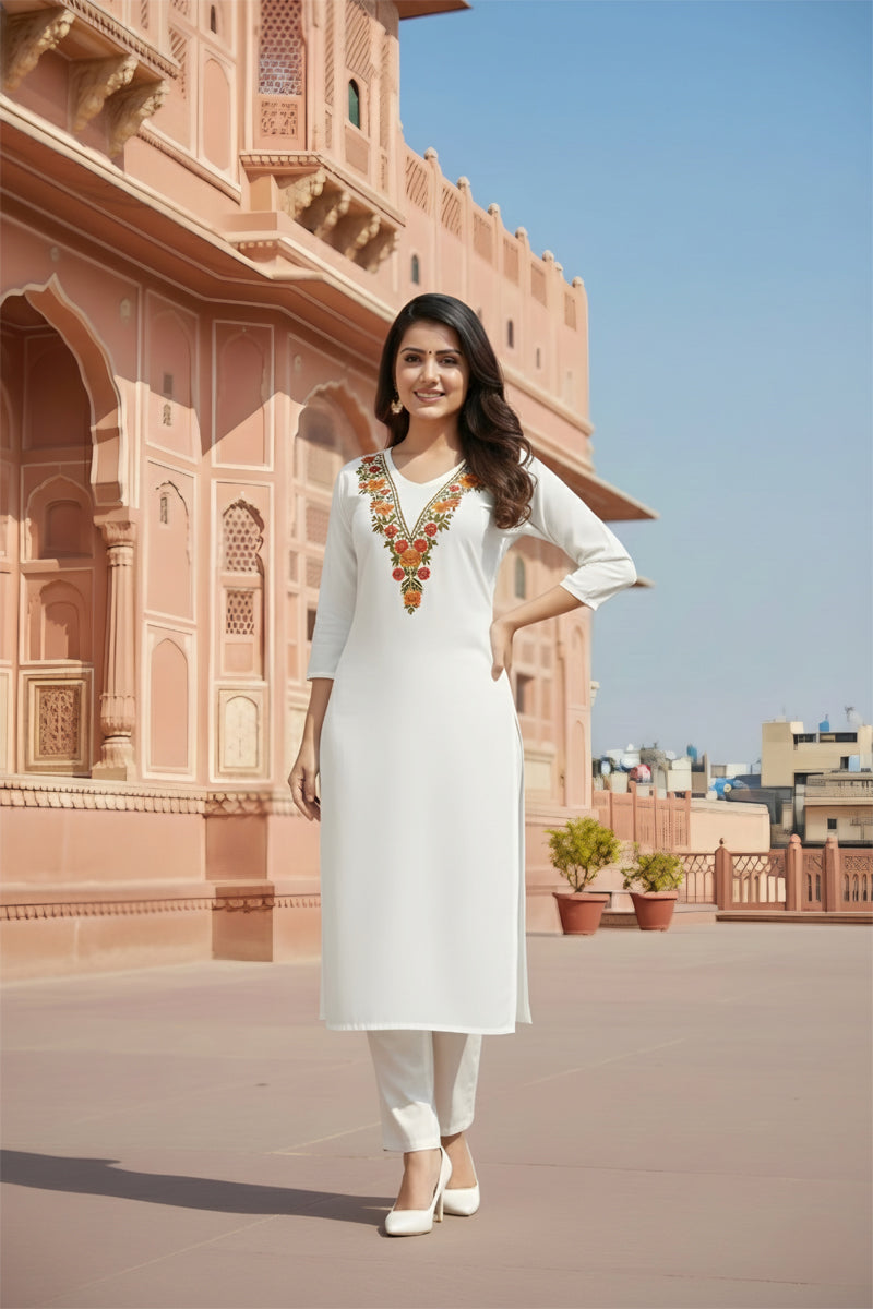 SRS Fashion White Embroidered Rayon Straight Kurta Set | Grocsy