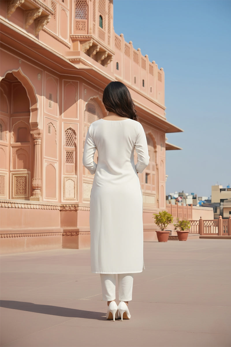 SRS Fashion White Embroidered Rayon Straight Kurta Set | Grocsy