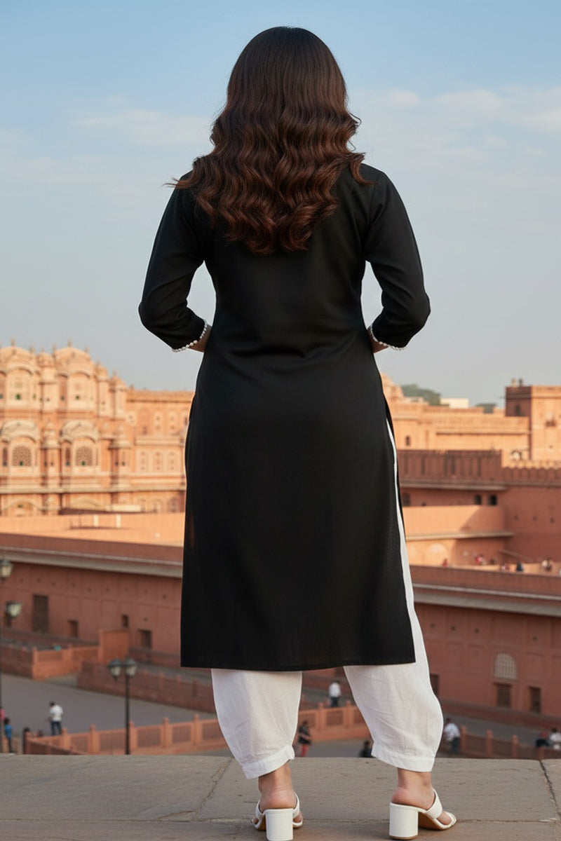 SRS Fashion Black Embroidered Rayon Straight Kurta Set | Grocsy