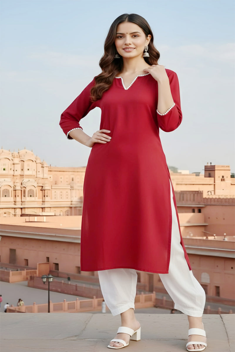 SRS Fashion Red Embroidered Rayon Straight Kurta Set | Grocsy