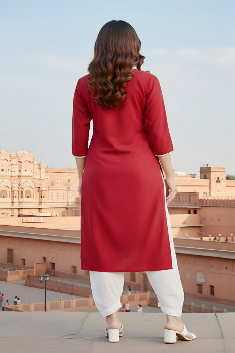 SRS Fashion Red Embroidered Rayon Straight Kurta Set | Grocsy