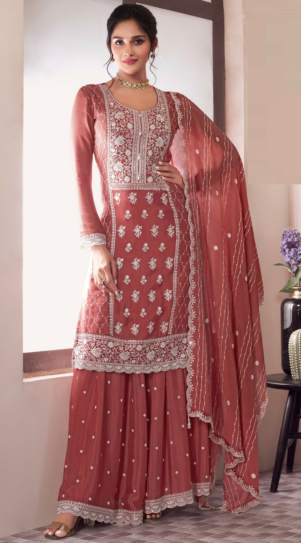 Anaita Peach Embroidered Work Silk Stitched Sharara Suit | Grocsy