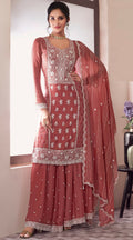 Anaita Peach Embroidered Work Silk Stitched Sharara Suit | Grocsy