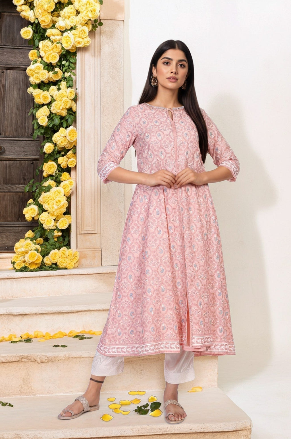 W for Woman Pink Floral Ethnic Printed Embellished A-Line Rayon Kurta | Grocsy
