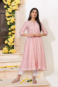 W for Woman Pink Floral Ethnic Printed Embellished A-Line Rayon Kurta | Grocsy