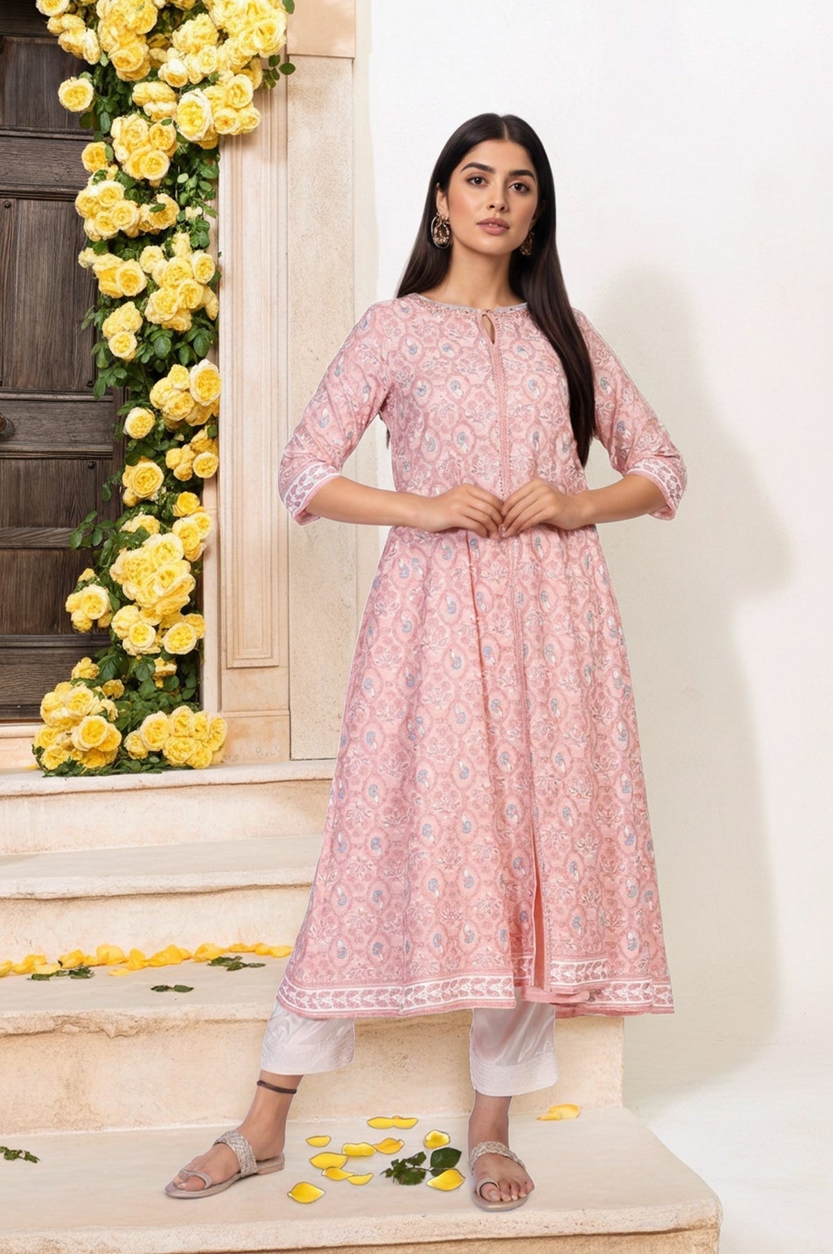 W for Woman Pink Floral Ethnic Printed Embellished A-Line Rayon Kurta | Grocsy