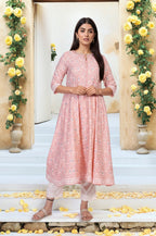 W for Woman Pink Floral Ethnic Printed Embellished A-Line Rayon Kurta | Grocsy
