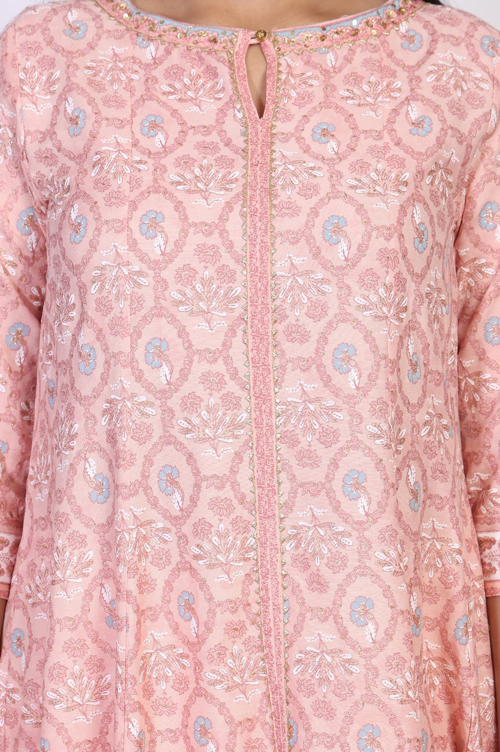 W for Woman Pink Floral Ethnic Printed Embellished A-Line Rayon Kurta | Grocsy