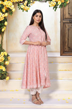 W for Woman Pink Floral Ethnic Printed Embellished A-Line Rayon Kurta | Grocsy