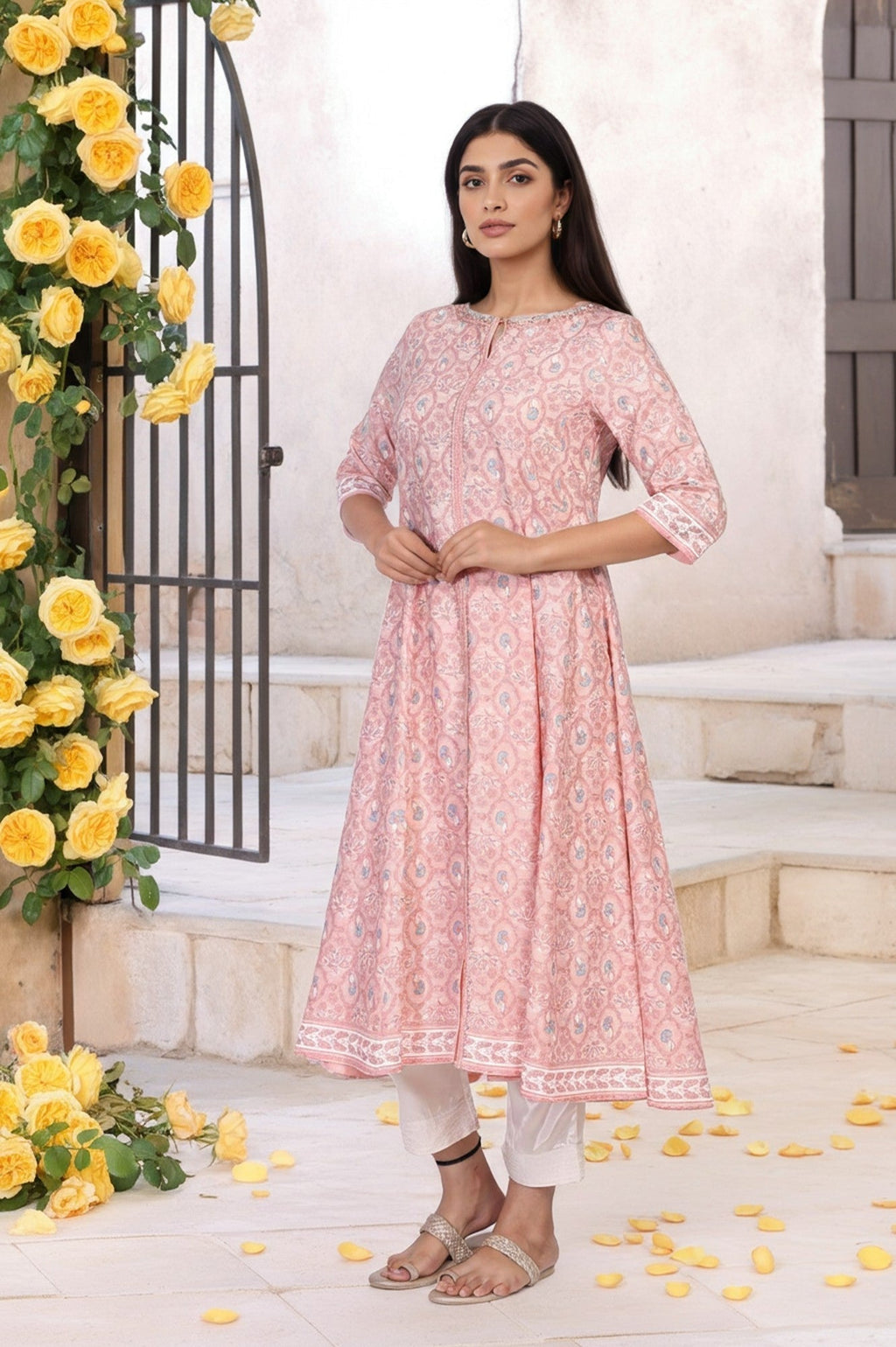 W for Woman Pink Floral Ethnic Printed Embellished A-Line Rayon Kurta | Grocsy