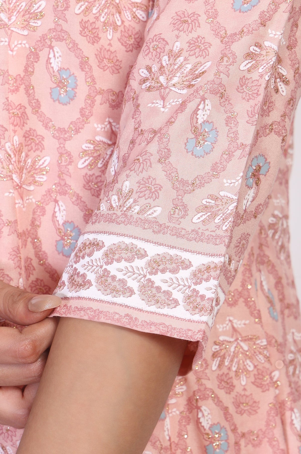 W for Woman Pink Floral Ethnic Printed Embellished A-Line Rayon Kurta | Grocsy