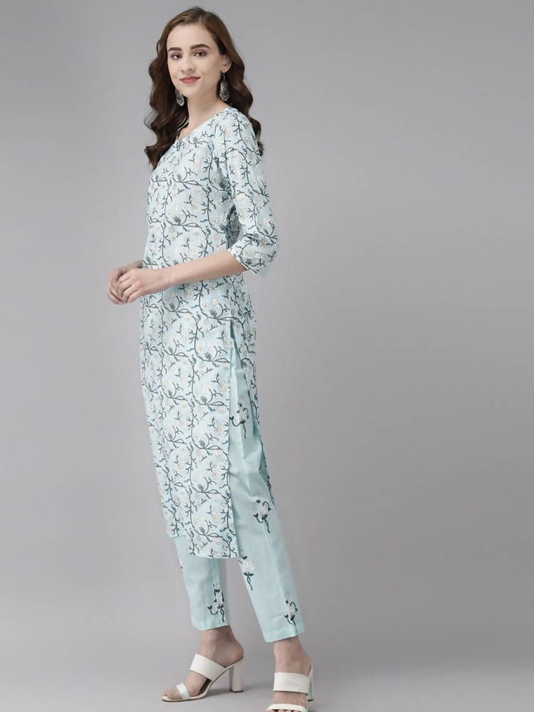 Yufta Women Blue & White Floral Printed Pure Cotton Kurta with Trouser & Dupatta | Grocsy