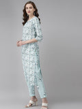 Yufta Women Blue & White Floral Printed Pure Cotton Kurta with Trouser & Dupatta | Grocsy