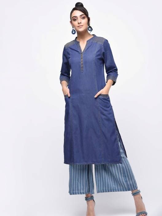 Aniyah Denim Princess Line Straight Kurta In Blue (AN-128K) | Grocsy