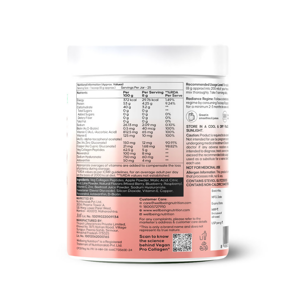 Wellbeing Nutrition Vegan Pro Collagen Hyaluronic Acid Skin & Hair Mixed Berries Flavour | Grocsy
