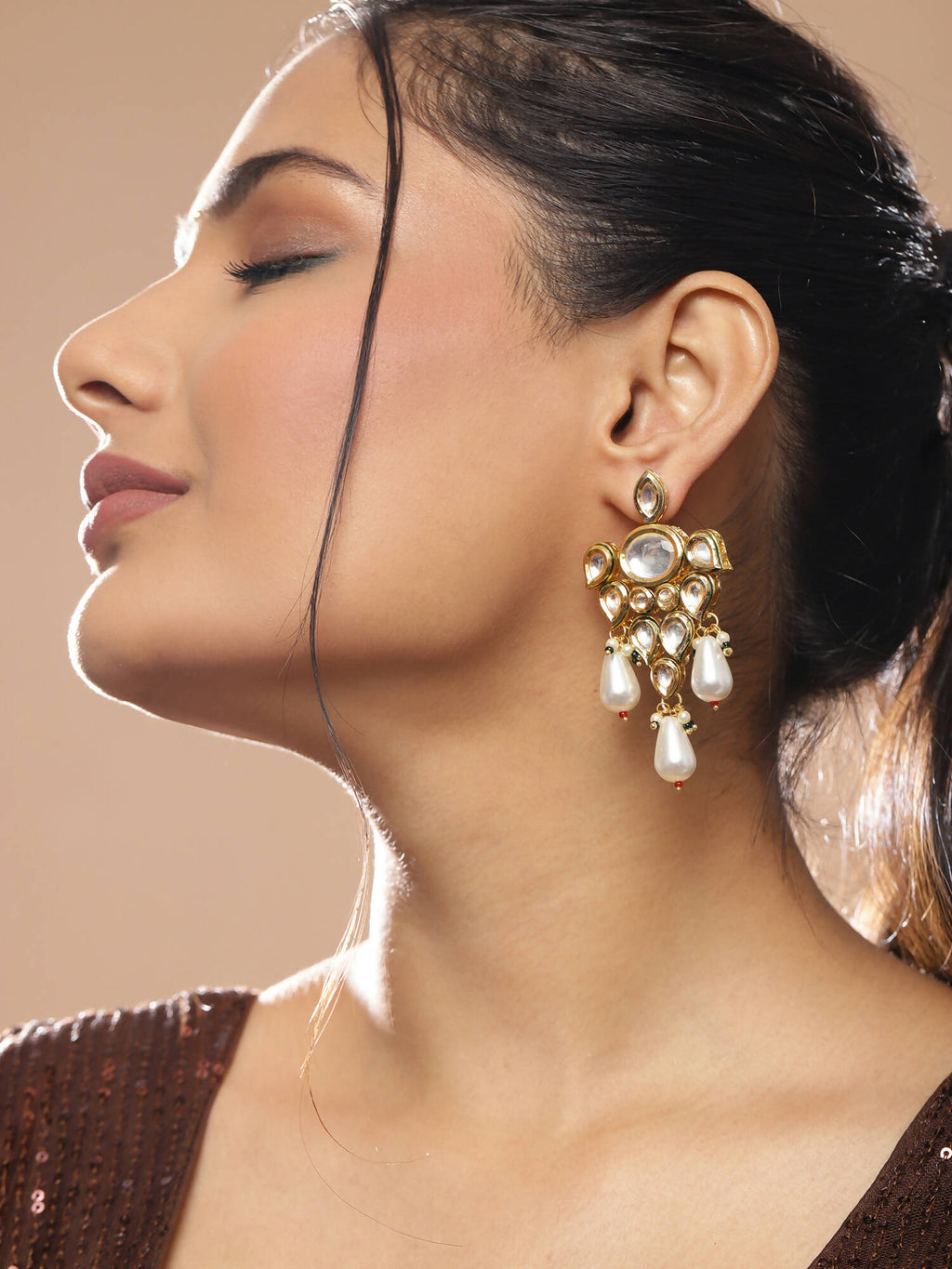 Gold-Toned White Contemporary Gold-Polished Drop Earrings - Ruby Raang | Grocsy