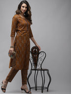 Yufta Women Mustard Brown Sequinned Pure Cotton Kurta with Trouser | Grocsy
