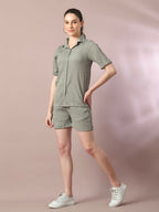 Myshka Women's Grey Solid Shirt Collar Party Shirt With Shorts Co-ord set | Grocsy