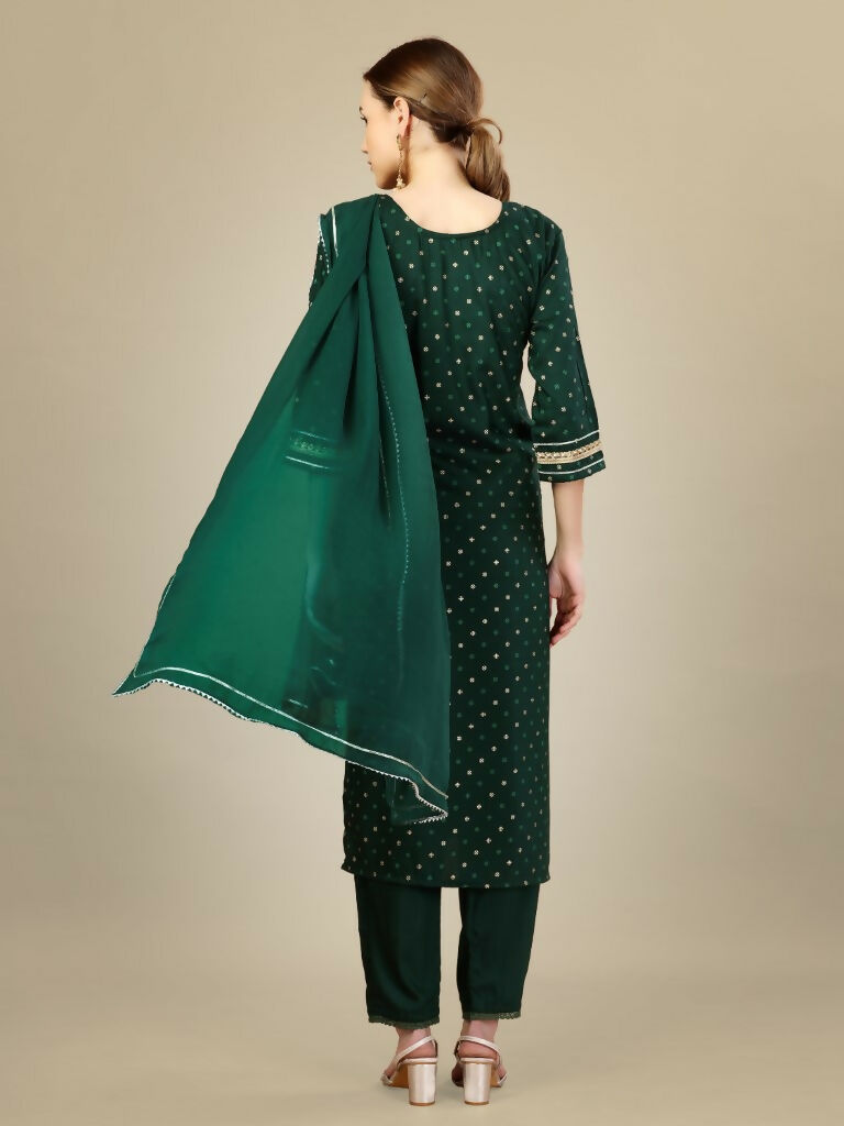 Jyoti Fashion Women's Dark Green Silk Blend Embroidery & Sequence work Kurta with Trouser & Dupatta | Grocsy