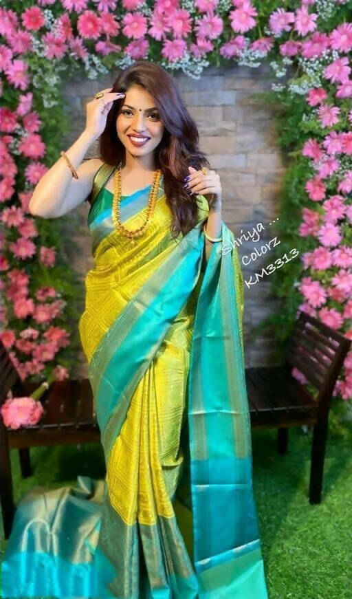 DEIANA'S Beautiful Designer Golden zari Soft Lichi Silk Saree - Yellow | Grocsy