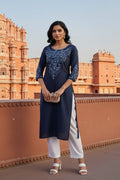 SRS Fashion Blue Embroidered Rayon Straight Kurta Set | Grocsy