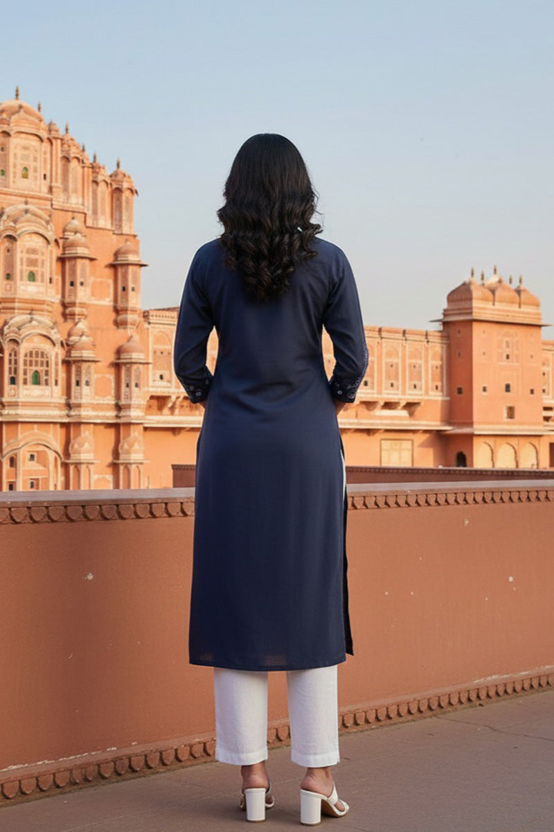 SRS Fashion Blue Embroidered Rayon Straight Kurta Set | Grocsy
