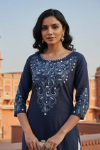 SRS Fashion Blue Embroidered Rayon Straight Kurta Set | Grocsy