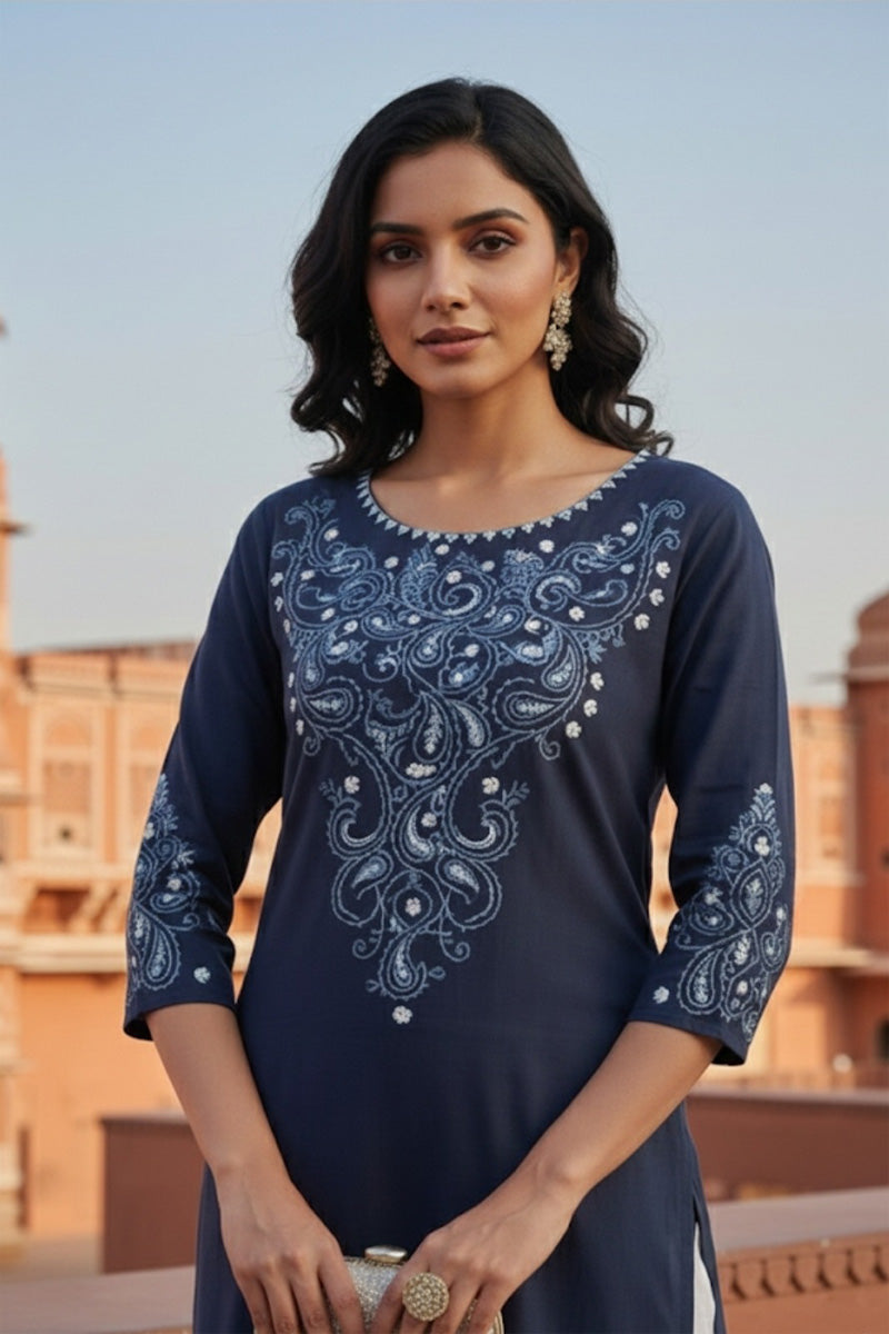 SRS Fashion Blue Embroidered Rayon Straight Kurta Set | Grocsy