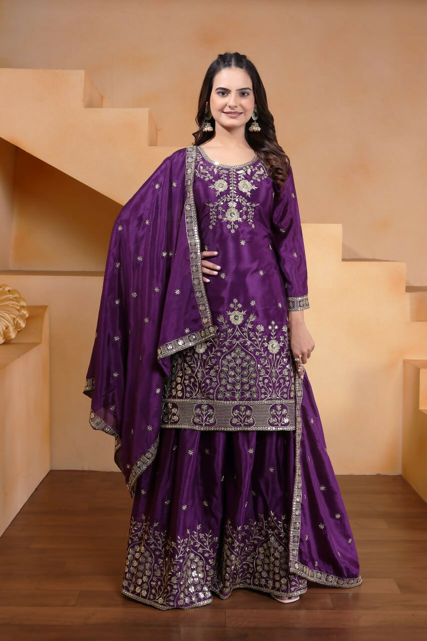 Joban Fashion Purple Silk Embroidered Sharara Set | Grocsy