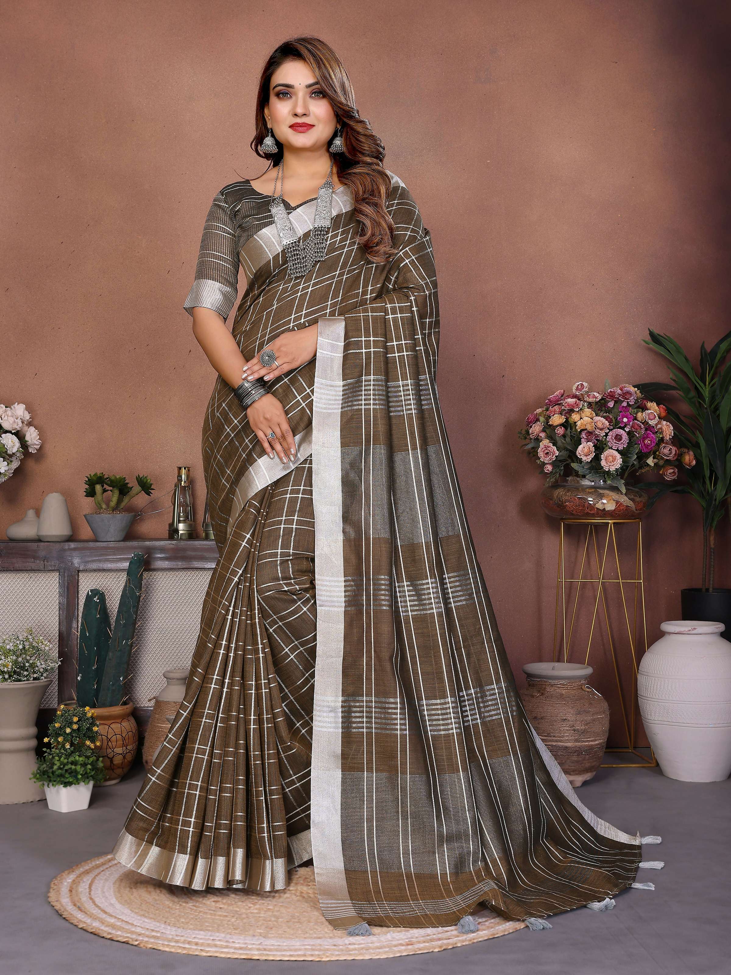 Aastha Fashion Light Brown Linen Weaving Saree | Grocsy