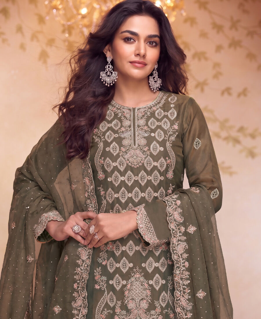 KC Heavy Embroidery Worked Two Ton Moss Silk Grey Suit For Women | Grocsy