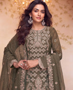 KC Heavy Embroidery Worked Two Ton Moss Silk Grey Suit For Women | Grocsy