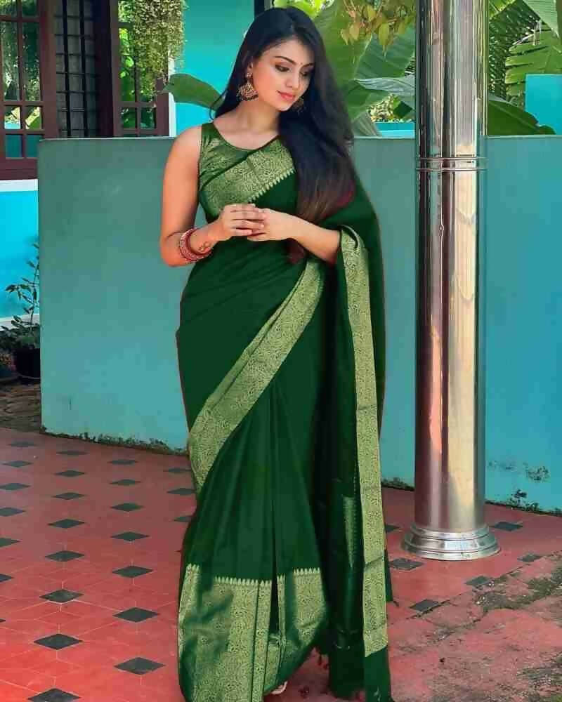 DEIANA'S Beautiful Designer Golden zari Soft Lichi Silk Saree - P Green | Grocsy