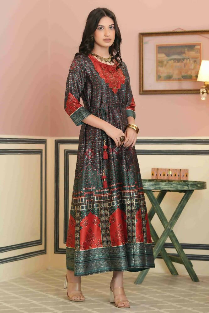 Juniper Green Satin Festive Printed Anarkali Flared Anarkali Kurta For Women | Grocsy