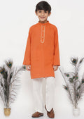 Little Bansi Boys Cotton Kesari Kurta with Pearl Buttons and Pyjama -Orange and Cream | Grocsy