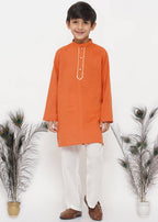 Little Bansi Boys Cotton Kesari Kurta with Pearl Buttons and Pyjama -Orange and Cream | Grocsy
