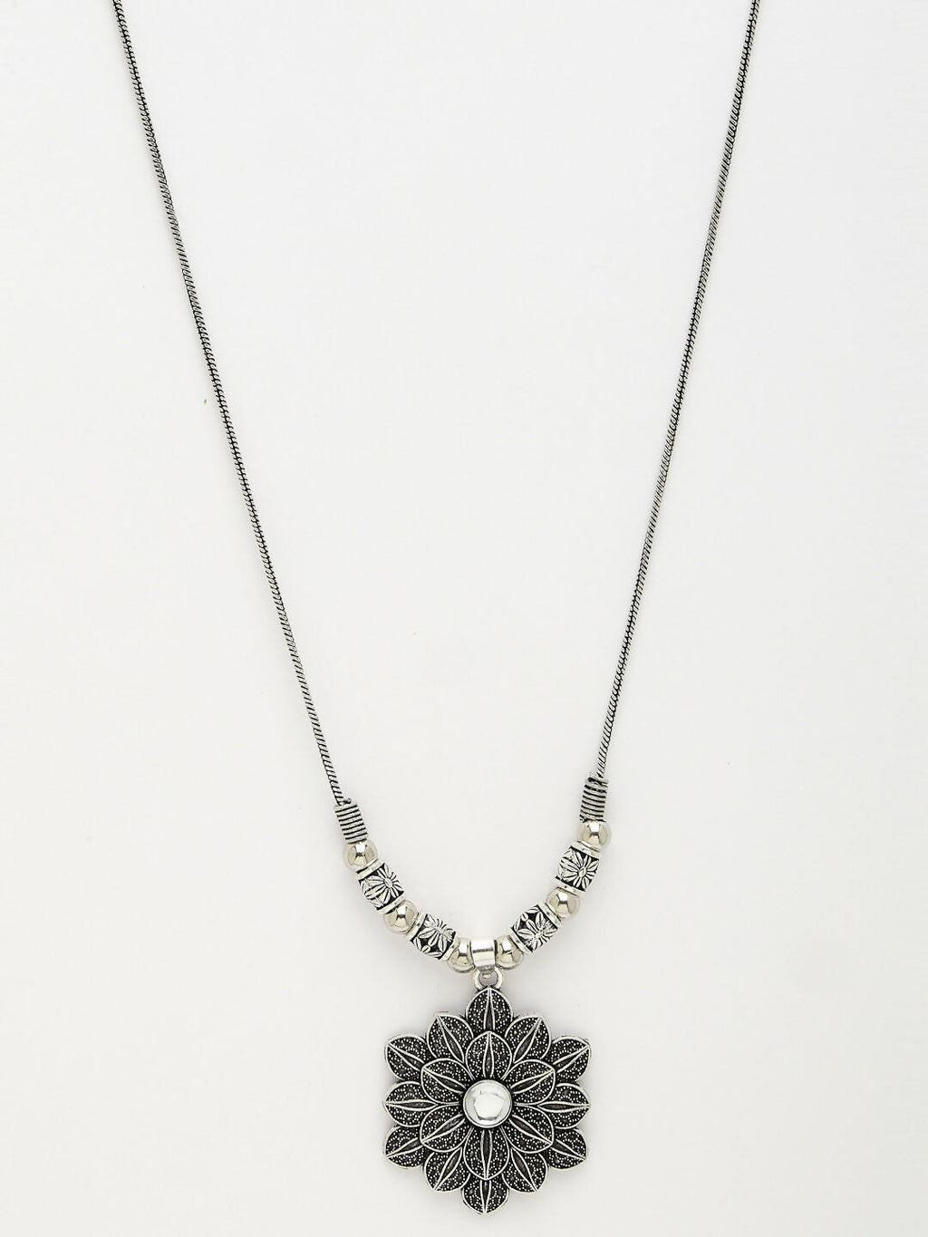 NVR Women's Silver-Toned Decent Floral Shape Pendant with Chain | Grocsy