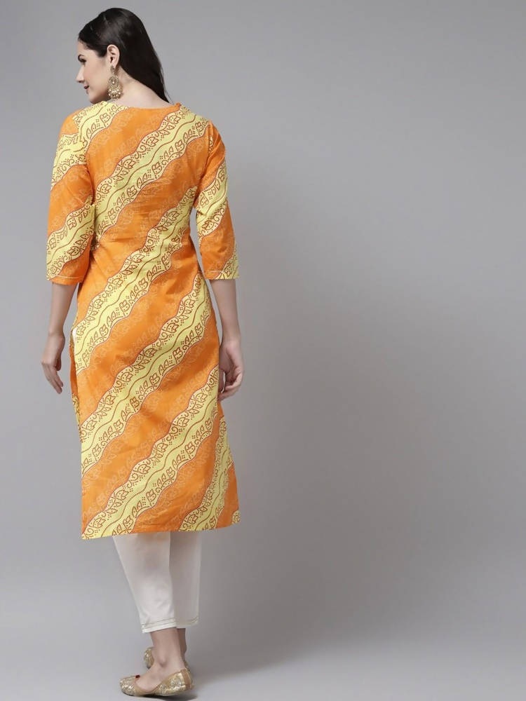 Yufta Women Yellow & White Bandhani Printed Kurta with Trouser | Grocsy