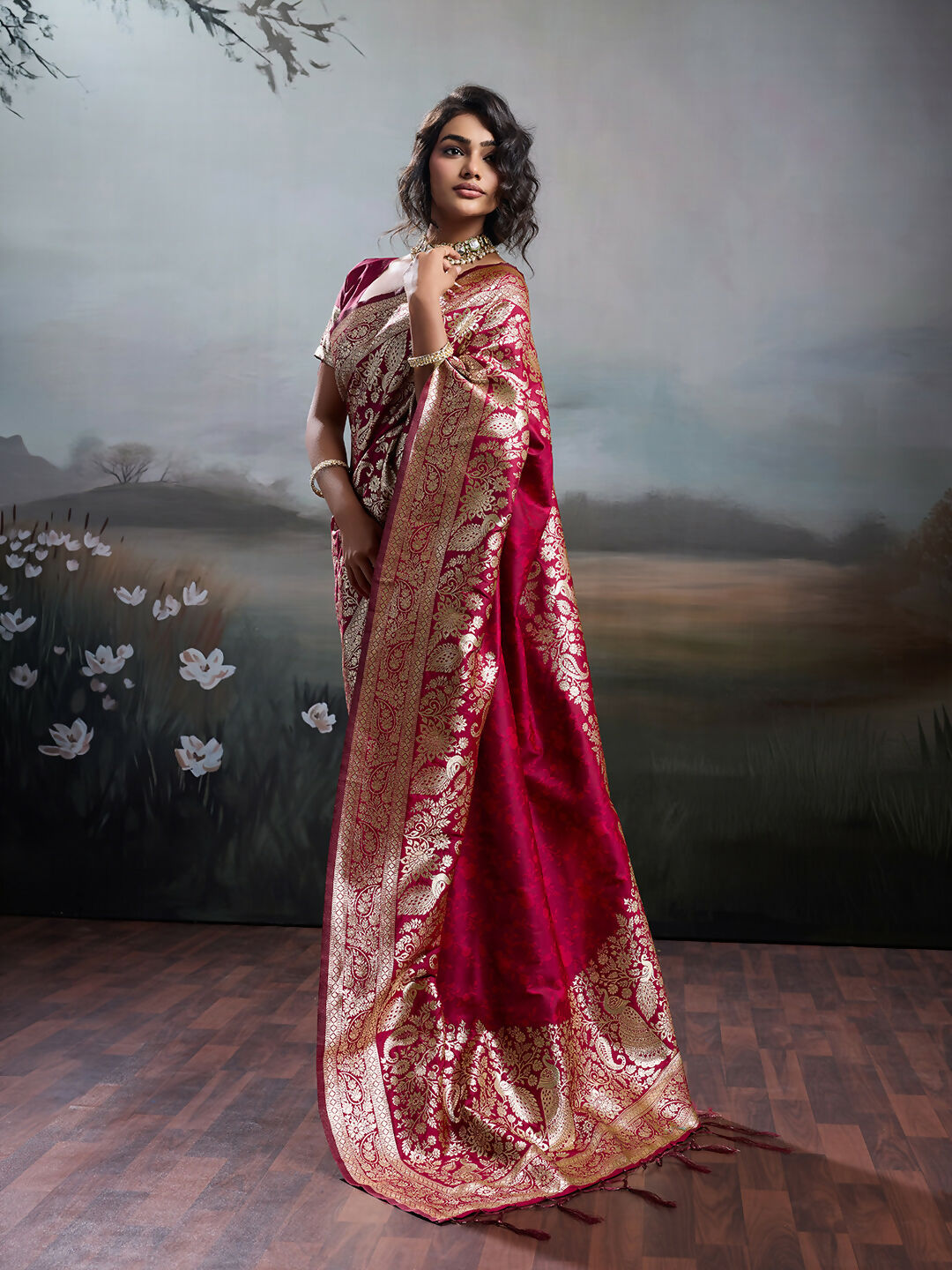 Shree Shyam Fashion Maroon Silk Blend Saree | Grocsy