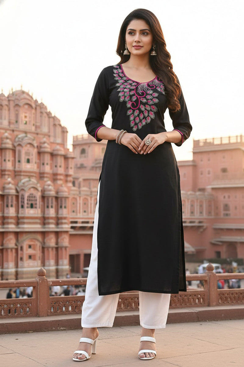SRS Fashion Black Embroidered Rayon Straight Kurta Set | Grocsy