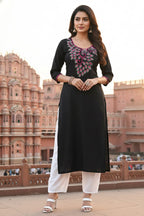 SRS Fashion Black Embroidered Rayon Straight Kurta Set | Grocsy