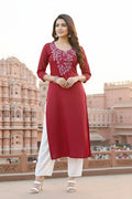 SRS Fashion Red Embroidered Rayon Straight Kurta Set | Grocsy