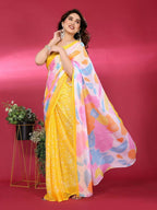 PR Fashion Yellow Moss Chiffon Printed Saree | Grocsy