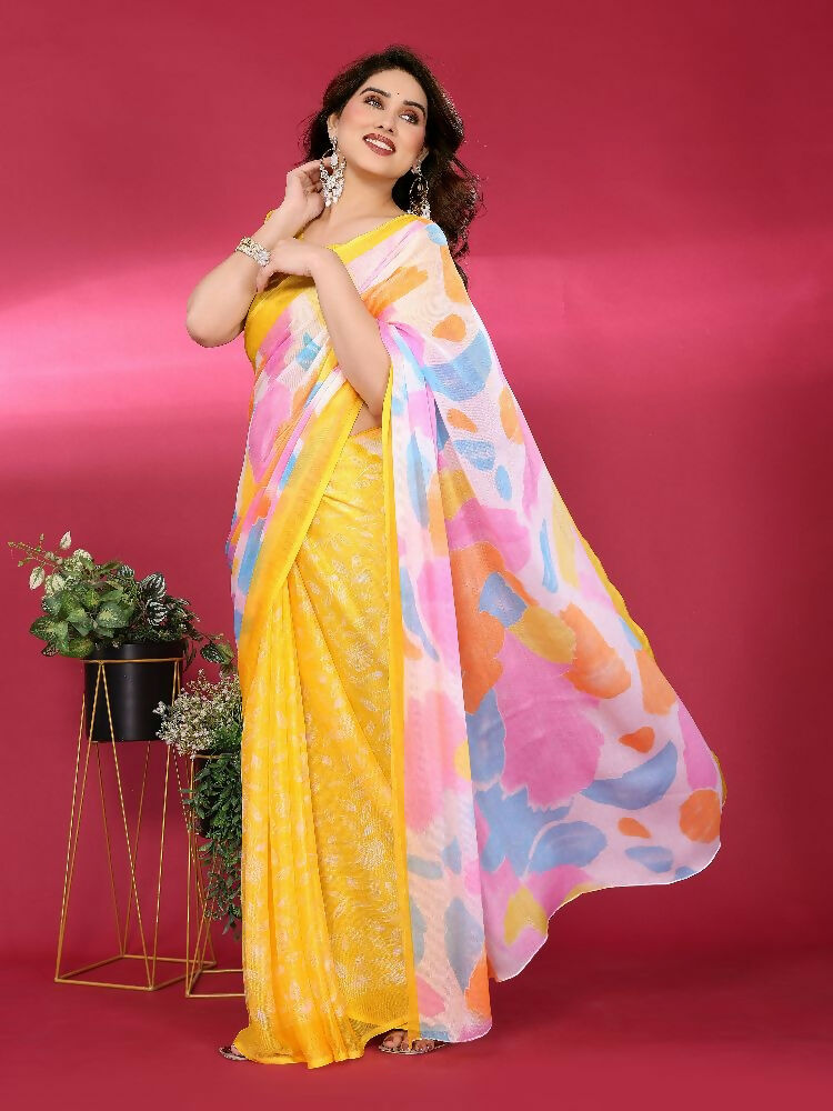 PR Fashion Yellow Moss Chiffon Printed Saree | Grocsy