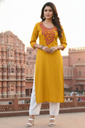 SRS Fashion Yellow Embroidered Rayon Straight Kurta Set | Grocsy