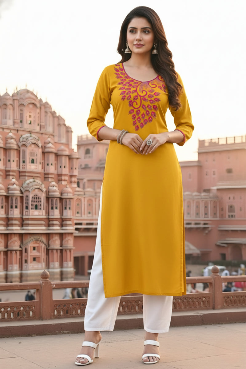 SRS Fashion Yellow Embroidered Rayon Straight Kurta Set | Grocsy