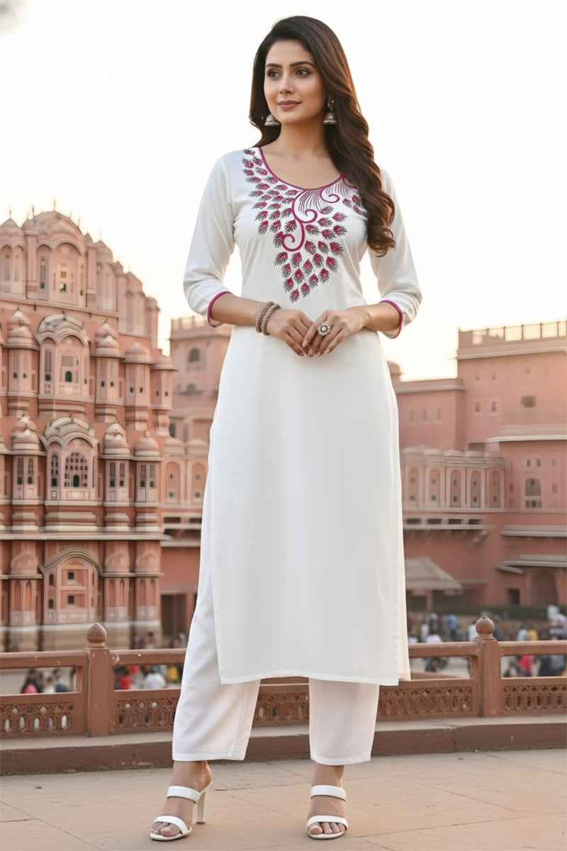 SRS Fashion White Embroidered Rayon Straight Kurta Set | Grocsy