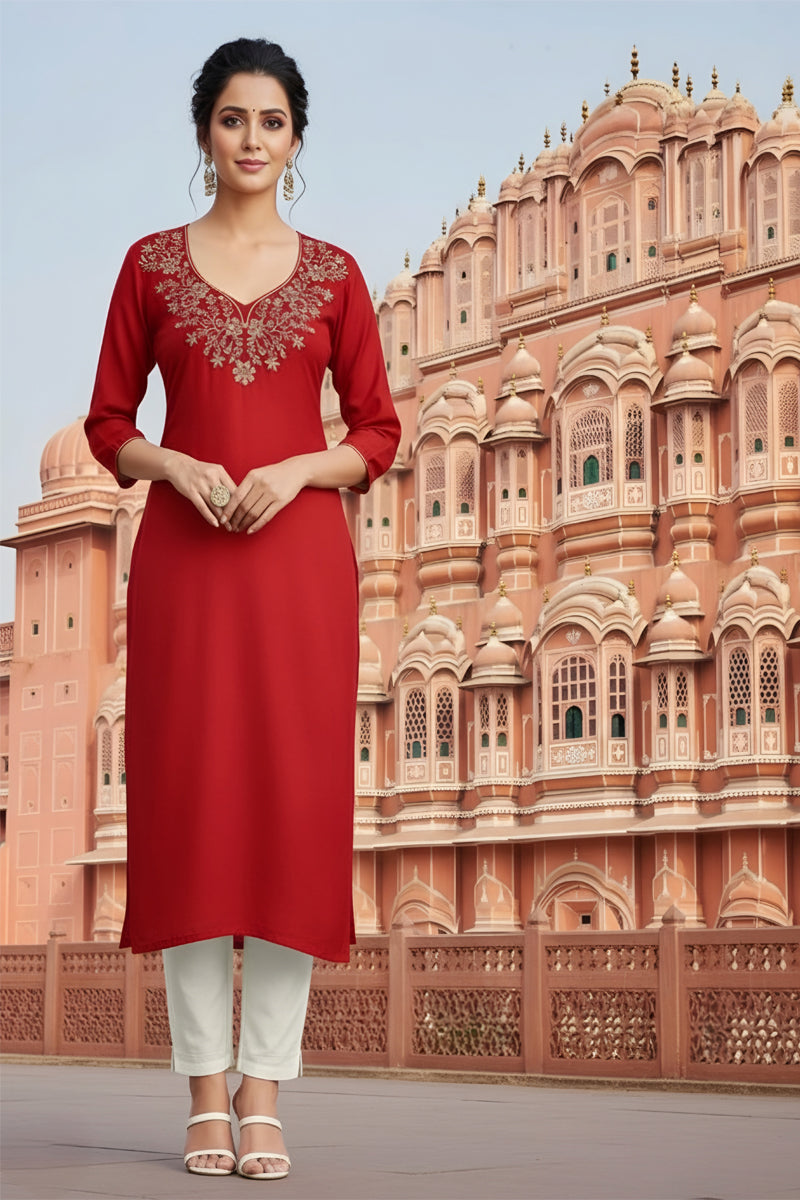SRS Fashion Red Embroidered Rayon Straight Kurta Set | Grocsy